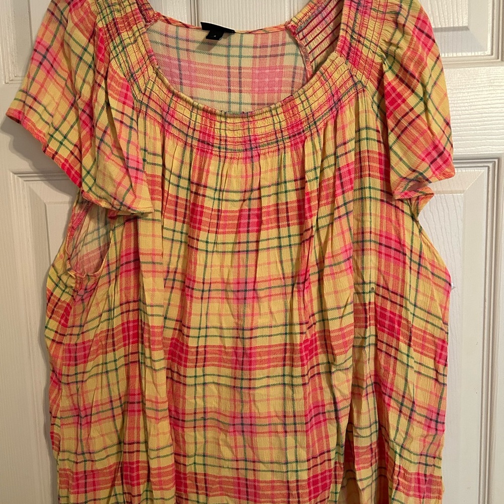 Torrid Plaid Blouse in Pink and Yellow Size 4x